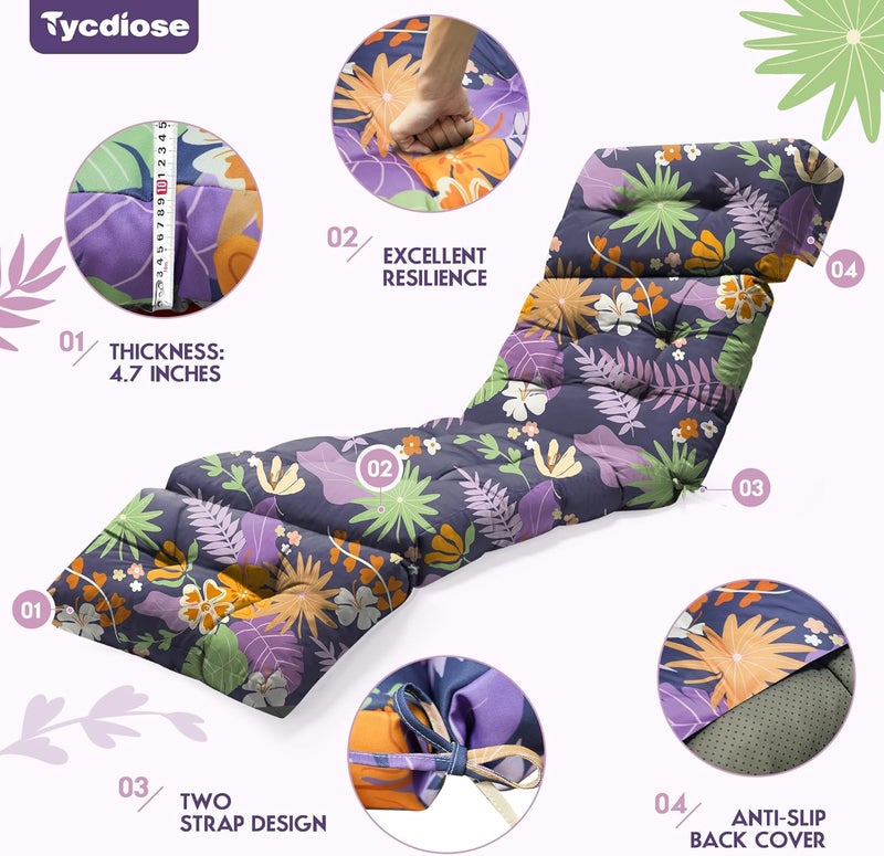 Tycdiose Outdoor Chaise Lounge Chair Cushion Waterproof 74.4 x 22 x 4.7 Inches Thickened Memory Foam Patio Lounge Chair Cushions Replacement for Outdoor Furniture with Ties, Purple Floral Leaf - Image 5